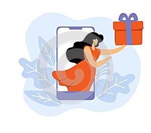 Vector hand drawn woman presents gift box from telephone. Online shopping flat. Shop in telephone on web browser page
