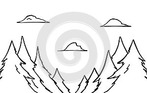 Vector Hand drawn Woodland landscape. Sketch with pine forest and clouds