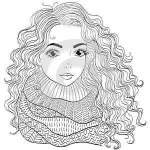 Vector hand drawn young curly woman in a voluminous scarf.