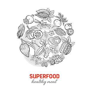 Vector hand drawnn superfood round poster. photo