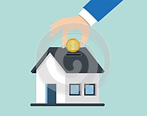 Vector of a hand dropping a coin in piggy bank house