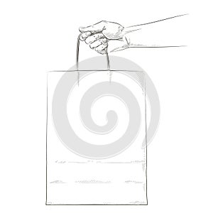 Vector Hand holding brown craft shopping paper bag. Mock up. Pay online by internet, concept. Safe delivery courier