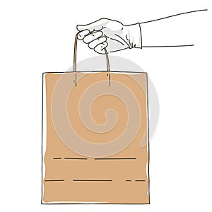 Vector Hand holding brown craft shopping paper bag. Mock up. Pay online by internet, concept. Safe delivery courier