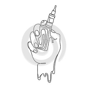 Vector hand holding electronic cigarette vaporizer line drawing,logo template.Hand with vape.Smoking device