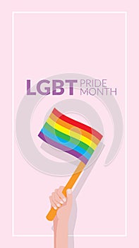 Vector of hand holding rainbow flag isolated on pink background with text LGBT Pride Month , vertical