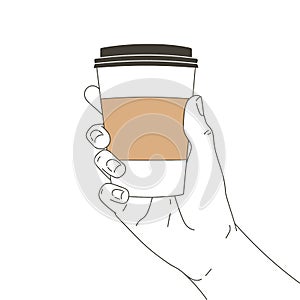 Vector hand Holding a takeaway hot Coffee paper cup. Drinking cappuccino espresso to go. Coffee break at the cafe shop