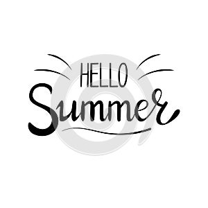 Vector hand lettered text `hello summer` with simple decor. Isolated on white background