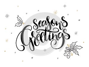 Vector hand lettering christmas greetings text - season`s greetings - with holly leaves and snowflakes photo