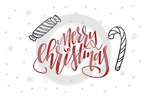 Vector hand lettering greeting Merry Christmas text with doodle candies and snowflakes