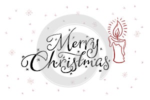 Vector hand lettering greeting merry christmas text with doodle candle and snowflakes