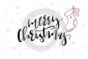 Vector hand lettering greeting Merry Christmas text with doodle christmas sock and snowflakes