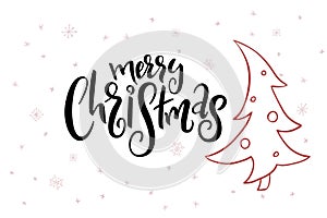 Vector hand lettering greeting Merry Christmas text with doodle fir-tree and snowflakes