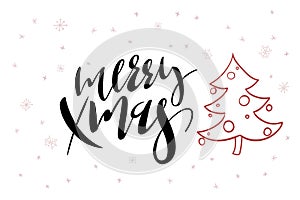 Vector hand lettering greeting Merry Christmas text with doodle fir tree and snowflakes