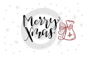 Vector hand lettering greeting Merry Christmas text with doodle gift bag and snowflakes