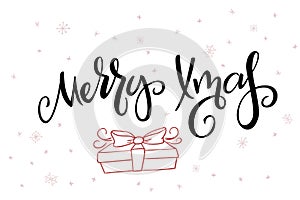 Vector hand lettering greeting Merry Christmas text with doodle gift and snowflakes