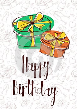 Vector hand lettering. Happy birthday greeting card with calligraphy. Design black and white overlay