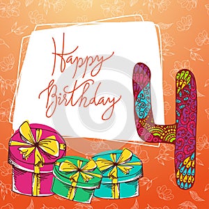Vector hand lettering. Happy birthday greeting card with calligraphy. Design black and white overlay