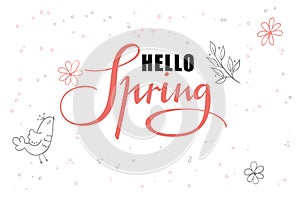 Vector hand lettering hello spring greetings label with doodle hanging baubles and flowers