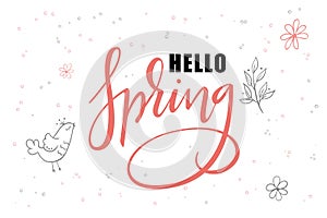 Vector hand lettering hello spring greetings label with doodle hanging baubles and flowers
