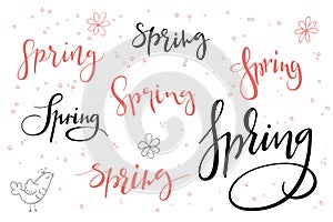 Vector hand lettering hello spring texts set with doodle hanging baubles and flowers