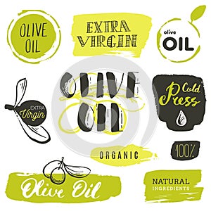 Vector hand lettering olive production logos or signs. Retro sketched extra virgin oil illustrations set for farm or cosmetics pr