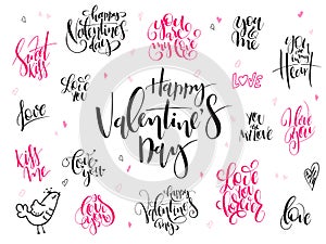 Vector hand lettering valentine`s day greetings labels set with heart shapes and birds