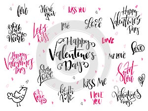 Vector hand lettering valentine`s day greetings labels set with heart shapes and birds