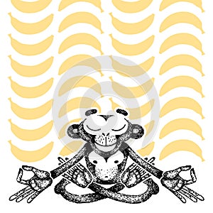 Monkey is meditating and sits in a lotus position and dreams of bananas. Vector hand made illustration. Sketch for poster, print