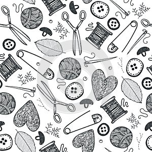 Vector hand made objects, equipment seamless pattern. Hand drawn sewing and needlework doodle icons background. Vintage