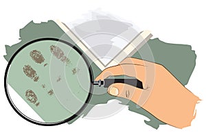 Vector hand with magnifying glass studies handprint.