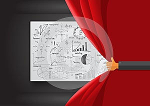 Vector hand opening red curtain with drawing business success