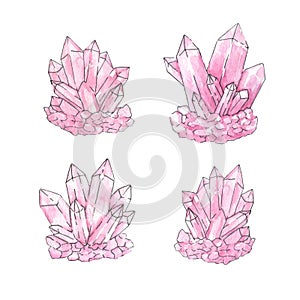 Vector hand painted watercolor and ink set of pink crystal clusters isolated