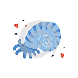 Vector handdrawn cute illustration of Nautilus or mollusc in shell on white background with hearts and stars. Concept for kids