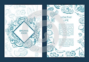 Vector handdrawn fruits and vegetables vegan, healthy food card, brochure