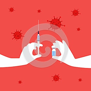 Vector handdrawn illustration of nurse or doctor gloved hands with syringe and ampoule with the vaccine and viruses around.