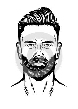 Handdrawn man head with beard and pompadour hairstyle photo