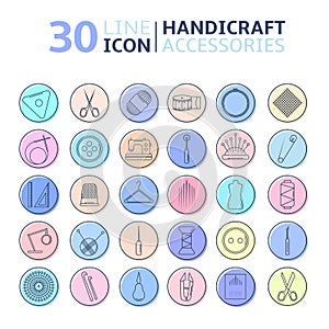 Vector handicraft accessories. Flat line art set of accessories for sewing and handmade.