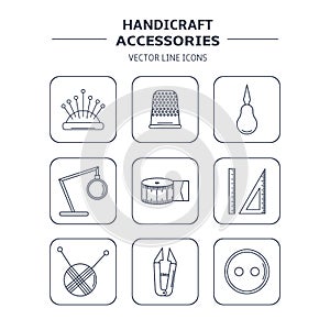 Vector handicraft accessories. Line art set of accessories for sewing and handmade.