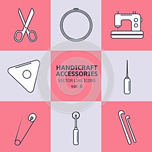 Vector handicraft accessories. Line art set of accessories for sewing and handmade.