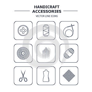 Vector handicraft accessories. Line art set of accessories for sewing and handmade.