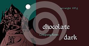 Vector handmade chocolate packaging design. Template with town