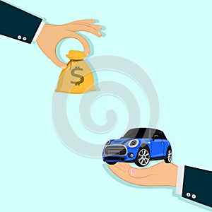 Vector Hands and cars Buying new car concept.a businessman hand exchanging a new car for money