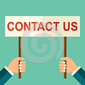 Vector hands holding banner with `contact us` text. Welcome to business concept. Isolated businessman hands with promotion mock up