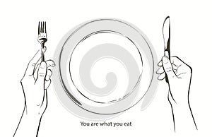 Vector hands holding a knife and fork, plate on a table. Fasting, starvation, diet, weight loss, healthy eating concept