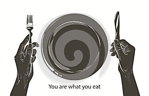 Vector hands holding a knife and fork, plate on a table. Fasting, starvation, diet, weight loss, healthy eating concept photo