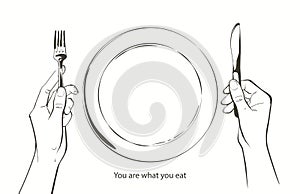 Vector hands holding a knife and fork, plate on a table. Fasting, starvation, diet, weight loss, healthy eating concept photo