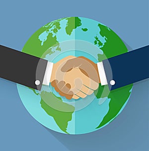 Vector handshake on earth globe in flat style