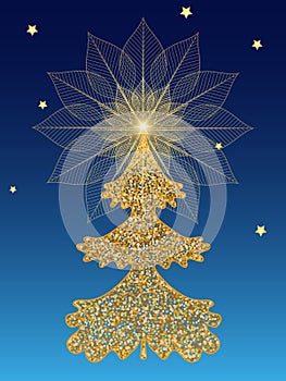 Vector handwork card with New Year and Christmas tree with and stars