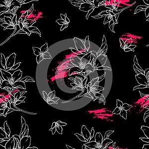 Vector handwork illustration. Drawing of blooming white flowers with pink strokes. Seamless pattern with jasmines for textiles