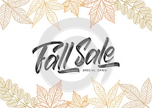 Vector Handwritten calligraphic brush lettering of Fall Sale on foliage background. Discount special offer.